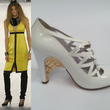 Load image into Gallery viewer, Chanel White Patent Leather Quilted Gold Mary Jane Wedge Strap Heels 07A Novelty Buckled Pumps EU 39 US 8/8.5