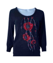 Load image into Gallery viewer, Chanel 07A Black Red Cashmere Pullover Sweater  with appliqué geometric flowers with sequins, pearls FR 40