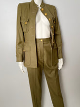 Load image into Gallery viewer, 96A, 1996 Fall Vintage Chanel Rare Military Olive Green Belted Jacket Pant Suit Set FR 36
