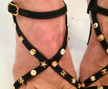 Load image into Gallery viewer, Chanel Charm Logo Black Grosgrain Strap Sandal Icon Heels EU 39.5 US 8.5/9