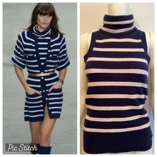 Load image into Gallery viewer, NWT Chanel 15S 2015 Summer Cashmere Navy Blue Lilac Stripe Sleeveless Turtleneck Sweater Top Blouse FR 36 US 4