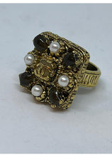 Load image into Gallery viewer, Chanel 11A 2011 Fall Square Gold Tone Pearl Red Stone Cocktail Ring Size 54 US 6 1/4
