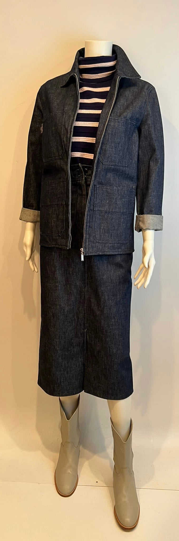 Vintage Chanel 99P, 1999 Spring Denim Jacket Skirt Suit Set FR 36 US 4