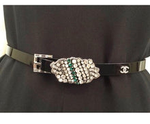 Load image into Gallery viewer, Chanel 2006 Fall 06A skinny Black Patent Leather waist Crystal Buckle Belt SZ 36