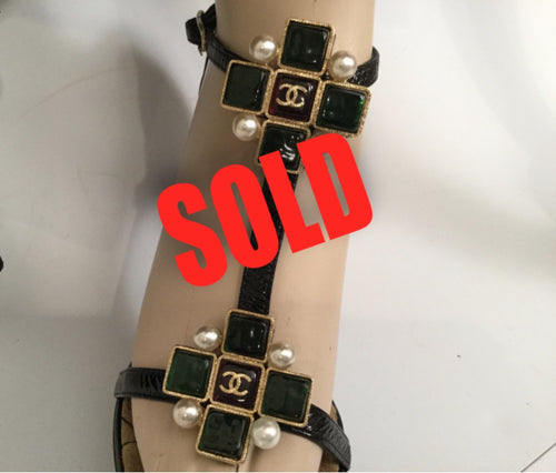 Chanel 07P Spring Gripoix Jewel black patent leather strap Heels w/ box EU 38.5 US 7/7.5