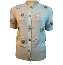 Load image into Gallery viewer, Chanel 17P 2017 Spring Pastel Sea foam Blue Short Sleeved Cashmere Cardigan Sweater Top Metal Lions Heads Blouse FR 36 US 4/6