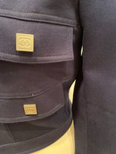 Load image into Gallery viewer, NWT Chanel 05P 2005 Spring short Sporty Navy Blue jacket logo zippers FR 36