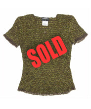 Load image into Gallery viewer, Vintage Chanel 98A, 1998 Fall tweed wool pullover short sleeve olive mohair sweater top blouse FR 42 US 6/8/10