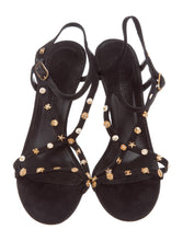 Load image into Gallery viewer, Chanel Charm Logo Black Grosgrain Strap Sandal Icon Heels EU 39.5 US 8.5/9