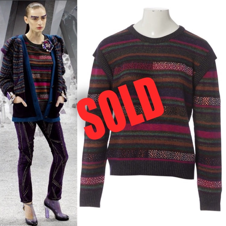 Chanel 12A RTW striped multicolor beaded Strass wool oversized pullover jumper sweater FR 38