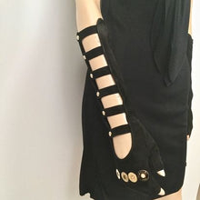 Load image into Gallery viewer, Rare! Chanel Long Fingerless Black Suede leather 08, 2008 Gold CC Logos Caged Gloves Sz 7.5