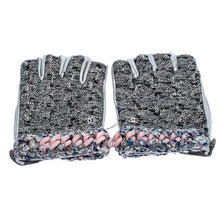 Load image into Gallery viewer, Rare Chanel 2014 14P tweed metallic silver pink chain Fingerless Gloves size 7.5
