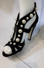 Load image into Gallery viewer, Chanel Black Strap Sandal Heels Pearl Trim EU 37.5 US 6.5/7 Narrow
