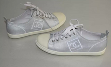 Load image into Gallery viewer, Chanel 10C, 2010 Cruise Resort Silver Metallic Canvas Woven CC Logo Tennis Shoes EU 41 US 10/11