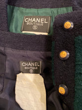 Load image into Gallery viewer, 93A, 1993 Fall Rare Vintage Chanel Boucle green Navy Blue skirt suit set US 10
