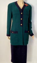 Load image into Gallery viewer, 93A, 1993 Fall Rare Vintage Chanel Boucle green Navy Blue skirt suit set US 10