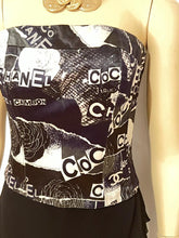 Load image into Gallery viewer, RARE Chanel Coco, 1 Rue Cambon 2020 Fall 20A Iconic Logos Graffiti Black/Blue/White Satin Corset Bustier Camisole FR 40 US 4/6