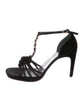 Load image into Gallery viewer, Chanel Black Camellia Flower Velvet Strap Sandal Heels EU 40 US 9.5