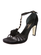 Load image into Gallery viewer, Chanel Black Camellia Flower Velvet Strap Sandal Heels EU 40 US 9.5