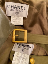 Load image into Gallery viewer, 96A, 1996 Fall Vintage Chanel Rare Military Olive Green Belted Jacket Pant Suit Set FR 36
