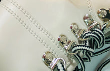 Load image into Gallery viewer, Chanel Black White Logo Lace Up Fall Winter Combat ankle Boots EU 36.5 US 6