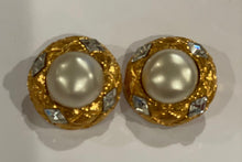 Load image into Gallery viewer, Vintage Chanel Clip on Gold Pearl Crystal Round Earrings