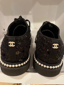 Chanel 17P 2017 Spring Black sequined Lace Up Tennis type Shoes
