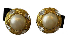 Load image into Gallery viewer, Vintage Chanel Clip on Gold Pearl Crystal Round Earrings