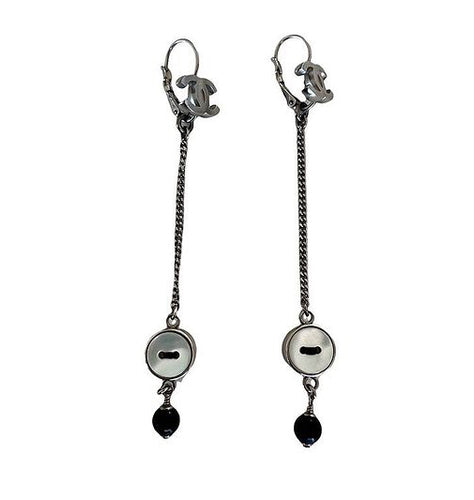 Chanel 08A CC Mother of Pearl Button Drop Dangle Silver Earrings