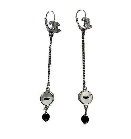Chanel 08A CC Mother of Pearl Button Drop Dangle Silver Earrings