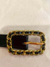 Load image into Gallery viewer, 95P Chanel Vintage Skinny Black Patent Leather Woven Gold Chain Belt Sz Small
