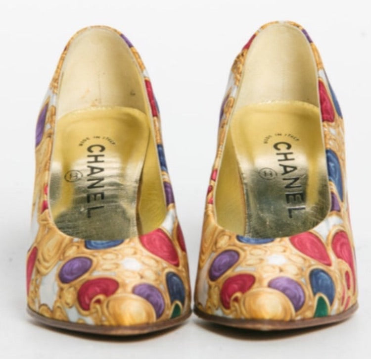 1989 Chanel Vintage With Box! Satin CC logo Jewelry Heels EU 38.5