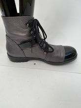 Load image into Gallery viewer, Chanel 05, 2005 metallic Grey black patent leather biker combat short ankle boots boots EU 37 US 6/6.5