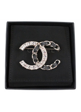 Load image into Gallery viewer, Chanel 2018 Black Woven Lambskin CC Crystal Baguette Pin Brooch