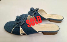 Load image into Gallery viewer, Chanel Denim camellia Flower Slip On Sandals Slides EU 38 US 7.5