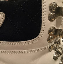 Load image into Gallery viewer, Chanel Black White Logo Lace Up Fall Winter Combat ankle Boots EU 36.5 US 6
