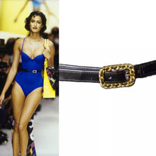 Load image into Gallery viewer, 95P Chanel Vintage Skinny Black Patent Leather Woven Gold Chain Belt Sz Small