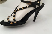 Load image into Gallery viewer, Chanel Charm Logo Black Grosgrain Strap Sandal Icon Heels EU 39.5 US 8.5/9