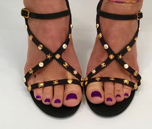 Load image into Gallery viewer, Chanel Charm Logo Black Grosgrain Strap Sandal Icon Heels EU 39.5 US 8.5/9