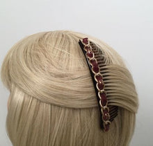 Load image into Gallery viewer, Chanel 2013 Bordeaux Burgundy Leather Hair Decorative  Accessory Comb Barrette Gold CC Logos