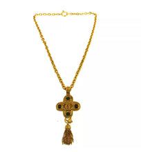 Load image into Gallery viewer, 94A Vintage Chanel poured glass Cabechon stones Cross Tassel CC Pendant tassel Necklace Red Green Gold Metal