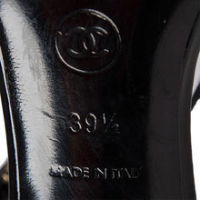 Load image into Gallery viewer, Chanel Charm Logo Black Grosgrain Strap Sandal Icon Heels EU 39.5 US 8.5/9