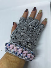 Load image into Gallery viewer, Rare Chanel 2014 14P tweed metallic silver pink chain Fingerless Gloves size 7.5