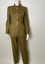 Load image into Gallery viewer, 96A, 1996 Fall Vintage Chanel Rare Military Olive Green Belted Jacket Pant Suit Set FR 36
