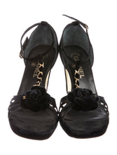 Load image into Gallery viewer, Chanel Black Camellia Flower Velvet Strap Sandal Heels EU 40 US 9.5