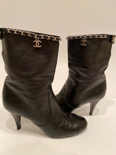 Load image into Gallery viewer, Chanel Black Leather Mid Length Calf CC Chain Logo Boots EU 39.5 US 8.5/9