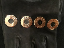 Load image into Gallery viewer, Rare! Chanel Long Fingerless Black Suede leather 08, 2008 Gold CC Logos Caged Gloves Sz 7.5