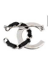 Load image into Gallery viewer, Chanel 2018 Black Woven Lambskin CC Crystal Baguette Pin Brooch