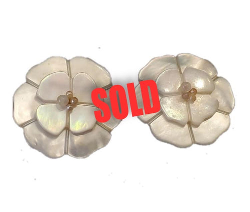 Vintage Chanel 98A Camellia flower clip on enamel mother of pearl Earrings