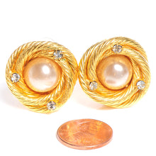 Load image into Gallery viewer, 1980 Rare Chanel Vintage Pearl Gold Metal Crystal Clip On Earrings